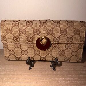 Gucci GG Canvas Long Wallet Beige Tan Monogram Red Enamel Logo